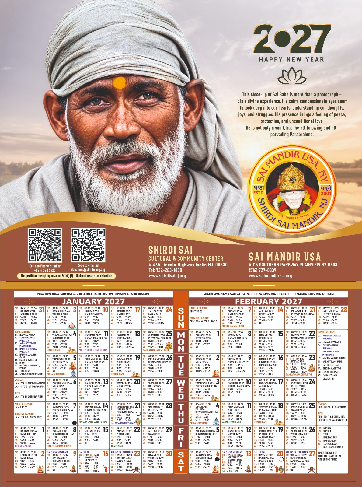 Sai Mandir USA 2027 January and February calendar